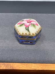 Vintage Petit Point And Cloisonne Enamel Hinged Floral Pill Or Trinket Box