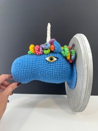 Handmade Blue Crochet Unicorn Faux Taxidermy Wall Mount