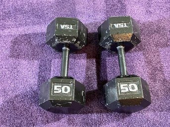Pair Of TSA Brand 50lb Hex Dumbbells (metal)