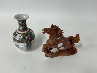 88. Oriental Vase And Marble Horse Figure