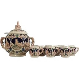 98. Gertz West German Stoneware Punchbowl Or Cider Bowl With 12 Matching Stoneware Cups