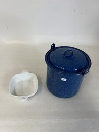 6. Corning Ware Double Handled Server & Blue Enameled Pot