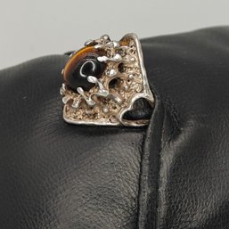 Tiger's Eye Silver Tone Brutalist Style Ring Size 4.5