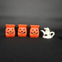 Vintage Ceramic Pumpkins And Ghost Candle Holders