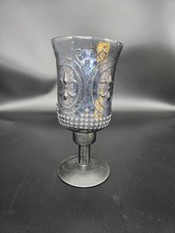 Vintage Fleur De Lis Metal And Smokey Blue Iridescent Glass Candle Holder