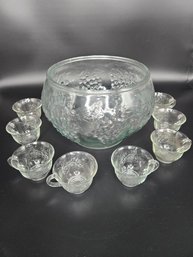 Vintage 'Grape Vine And Leaf' Crystal Punch Bowl Set W/ 8 Cups