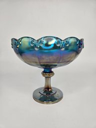 Indiana Glass Iridescent Blue Carnival Glass Pedestal Compote Bowl In The Garland Teardrop Pattern