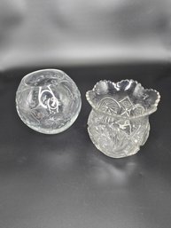 Vintage Cut Etched Bowl Vase And Pres Cut Spooner Vase