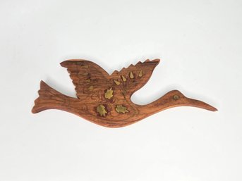 Vintage Teak Wood Bird Wall Hanging With Brass Inlay