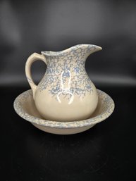 Vintage Roseville Ransbottom Pottery Blue And Cream Pitcher /Bowl Set