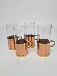 Vintage Beucler Copper Irish Coffee Mugs Set Of 4 1970s Mid-Century Barware Cork Lined Glasses W/ Brass