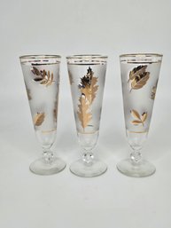 Vintage Libbey Gold Leaf Stemmed Pilsner Glasses Set Of 3