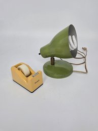 Vintage Green Table Lamp And Mustard Yellow Scotch Tape Dispenser
