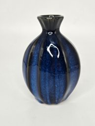 Vintage Blue And Black Glossy, Ribbed Vase