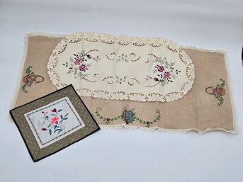 Vintage Embroidered Table Mats And Runner