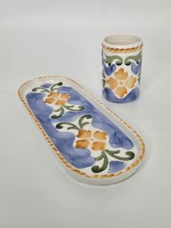 Decorative Italian-style Ceramic Vanity Set, Featuring A Small Hand-painted Oval Tray And A Matching Cup