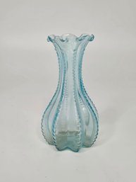 Vintage Indiana Glass Blue Ribbed Bud Vase Features A Distinctive Beaded Edge Pattern And A Ruffled Top
