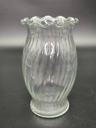 Vintage Clear Glass Vase Featuring A Swirl Pattern And A Ruffled Top