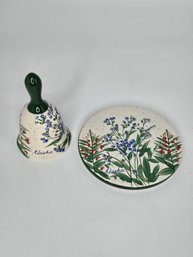 Hand Painted Forget-Me-Not Alaskan State Porecelain Trivet And Bell Set