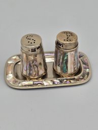 Mexican Alpaca Silver With Mother Of Pearl Salt And Pepper Shakers With Tray