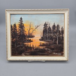 Original Oil Painting Of A Forest Lake Landscape Signed Maude