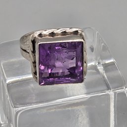 .925 Sterling Silver Square Cut Amethyst Ring Size 8 3/4'