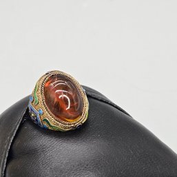 Amber And Gold Over Silver With Enamel Adjustable Ring