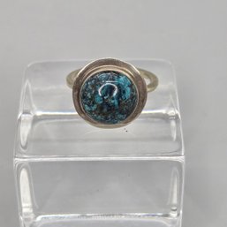 Silver Tone Ring With A Circular Chrysocolla Gemstone