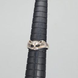.925 Sterling Silver Cat  With Black Eyes Ring Size 5