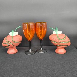 Football Silly Straw Cups And Orange And Black Wine Glasses