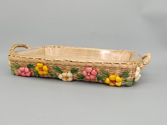 Vintage Woven Raffia Basket Tray With Handles And Anchor Hocking Glass Tray