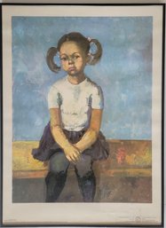 Vintage Mid-Century Modern Portrait Print Of A Young Girl In Pigtails