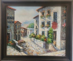 Oil Painting Depicting A Charming European Or Mediterranean Village Street Scene.