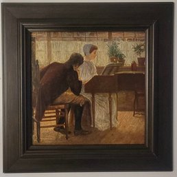 Antique Realism Painting With Woman Playing The Piano 19th Century Realism