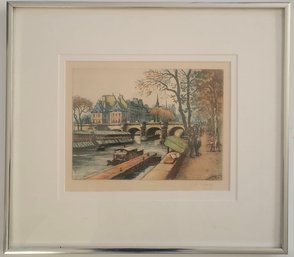 Pencil Signed Color Etching Of Seine River In Paris