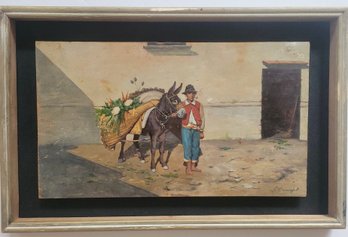 Very Aged Oil On Wood Depicts A Man Standing Next To A Donkey Laden With Goods