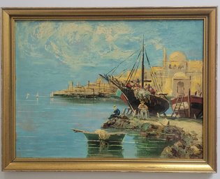 Oil Painting Of Harbor Scene With Boats