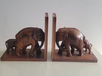 Hand Carved Hardwood Elephant Bookends