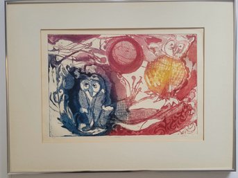 Surrealist Pencil Signed Etchig Of Owls