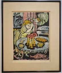 Hand-colored Woodblock Print Titled 'Sabbath Candles' By The Artist Louise August.