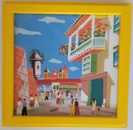 Oil On Canvas Of A Mexican Village. Art Size (8x8). Frame (9 3/4 X 9 3/4)