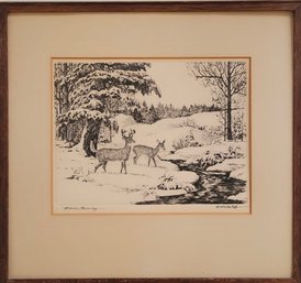 Etching Of Snowy Landscape Titled ' Winter Morning'  By The Artist Fred McCaleb.