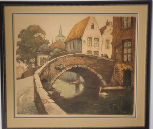 Colored Etching Featuring Canal Scene By Alfred Joseph August