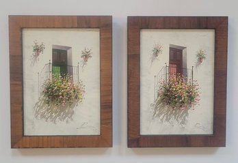 Set Of Framed Acrylic On Canvas Depicting Spanish-style Balconies With Potted Flowers