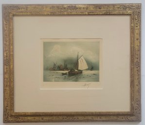 Color Etching Of A Marine Scene With Sailing Vessels