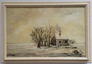 Vintage Oil Painting On Wood Panel.depicting A Winter Landscape