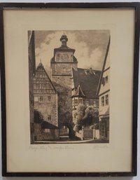 Vintage Framed Etching Depicting The Weisser Turm (White Tower) In Rothenburg Ob Der Tauber,