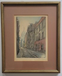 Pencil Signed Color Etching Depicting A Parisian Street Scene