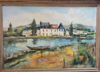 Vintage Oil On Canvas Of Landscape Depicting A French Riverside Village