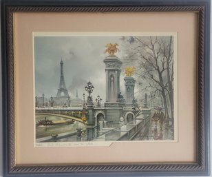 Vintage Lithograph Titled 'Pont Alexandre III Sous La Pluie'